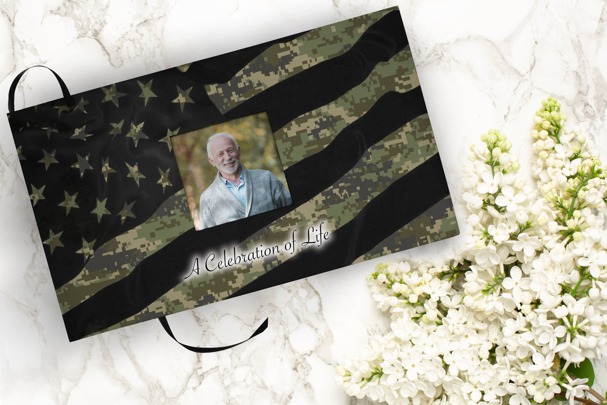 Commemorative Cremation Urns Digital Camouflage Matching Themed &#39;Celebration of Life&#39; Guest Book for Funeral or Memorial Service