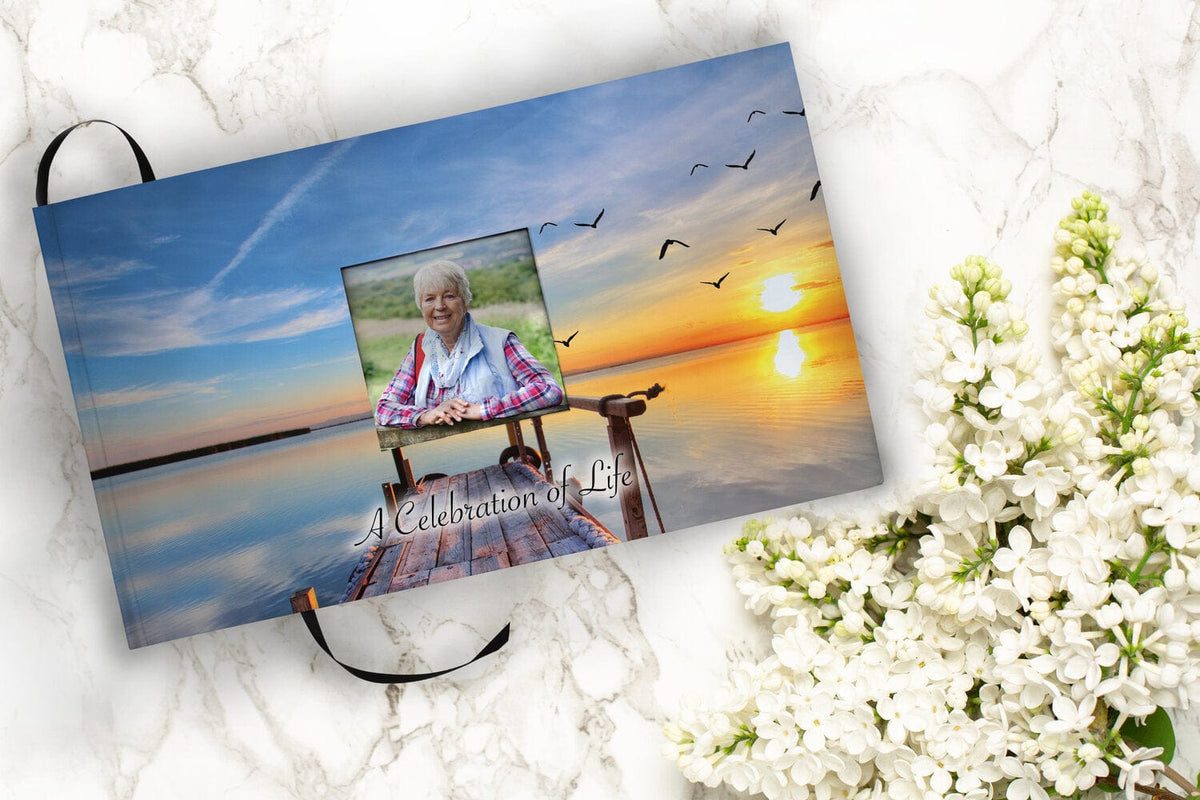 Commemorative Cremation Urns Dock of the Bay Sunset Matching Themed &#39;Celebration of Life&#39; Guest Book for Funeral or Memorial Service