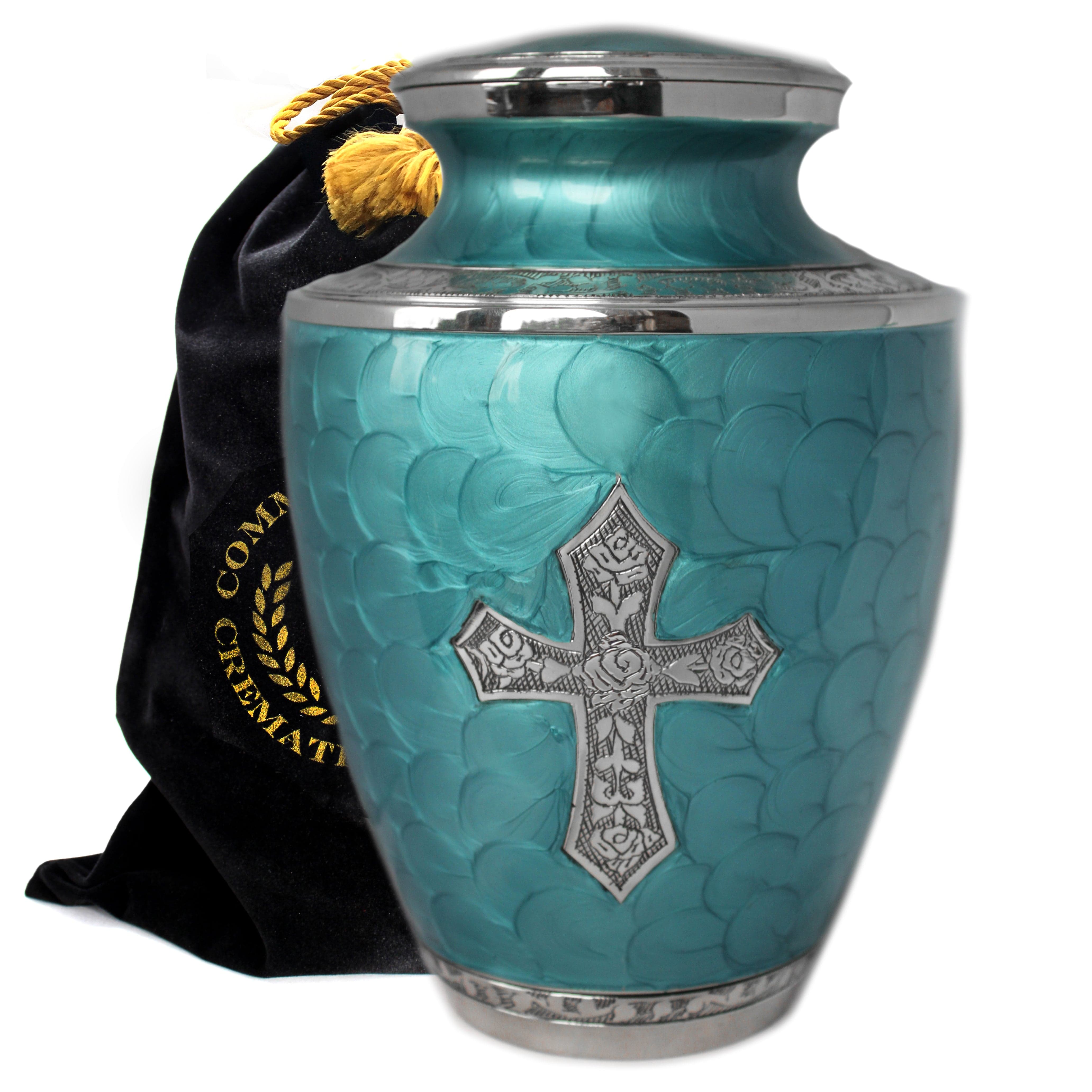Glory to God Teal Cross Cremation Urns for Human Ashes - Large