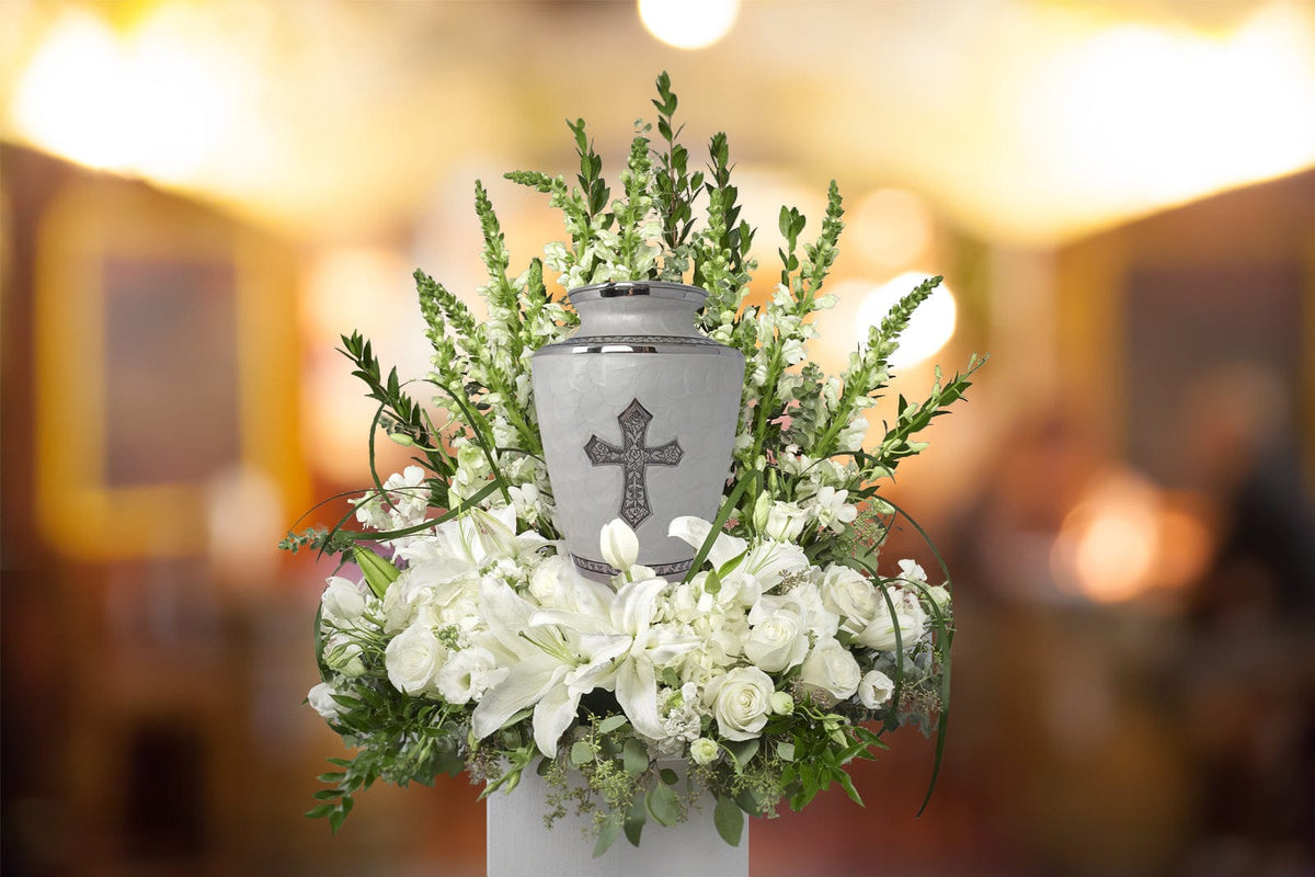 Commemorative Cremation Urns Glory to God White Cross Cremation Urn