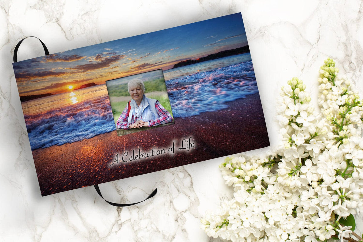 Commemorative Cremation Urns Hawaiian Sunset Matching Themed &#39;Celebration of Life&#39; Guest Book for Funeral or Memorial Service