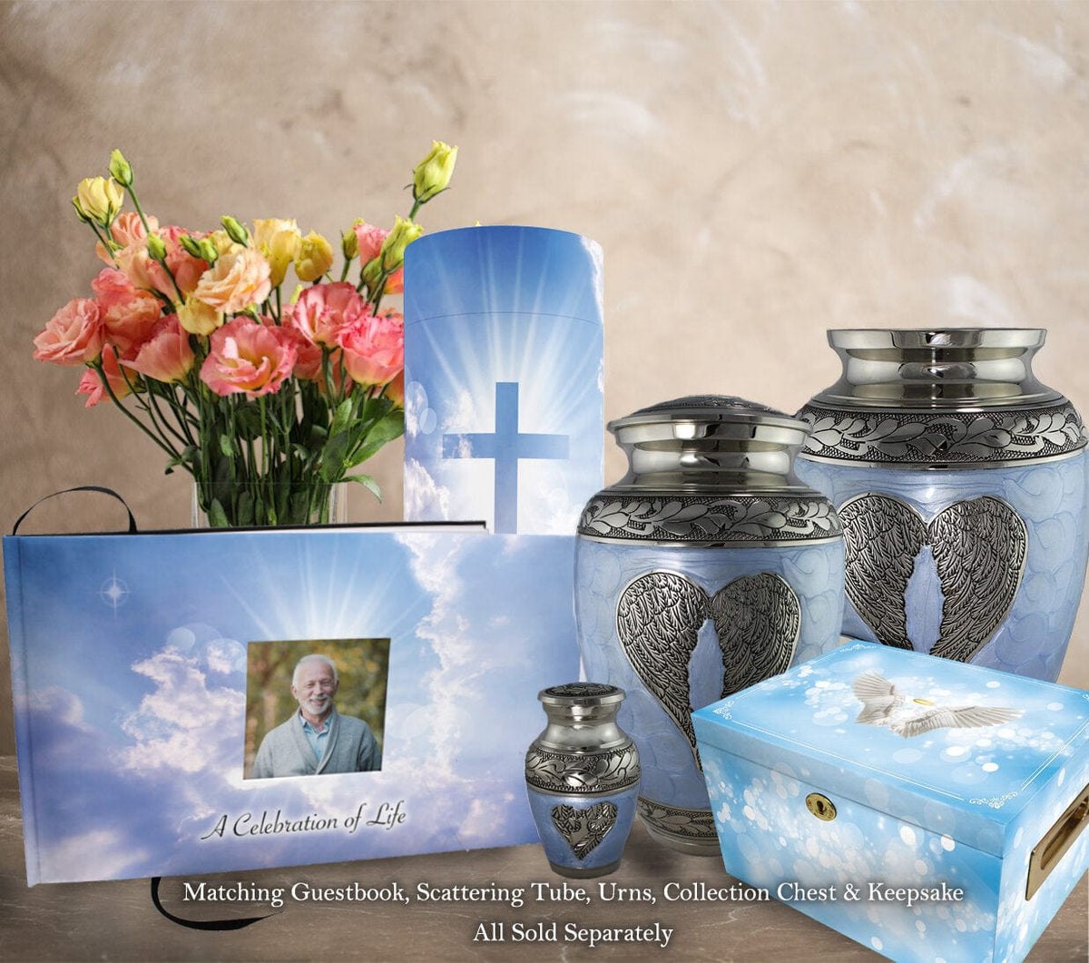 Commemorative Cremation Urns Heavenly Cross Matching Themed &#39;Celebration of Life&#39; Guest Book for Funeral or Memorial Service