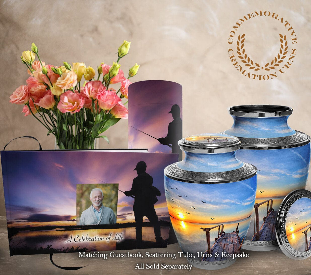 Commemorative Cremation Urns Home &amp; Garden Gone Fishing Matching Themed &#39;Celebration of Life&#39; Guest Book for Funeral or Memorial Service