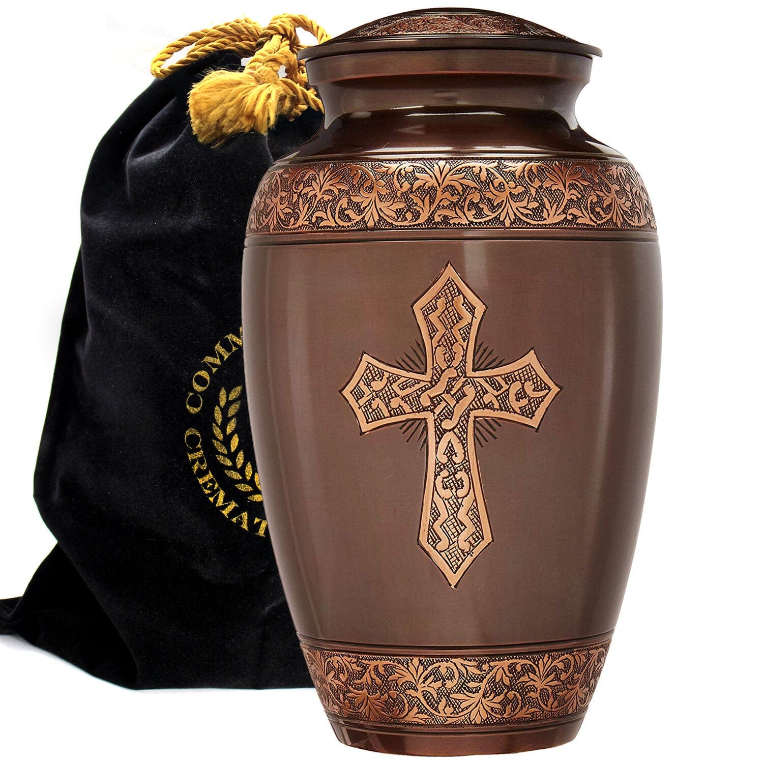 Elegant Adult Cremation Urn - Handcrafted Wooden Casket With Cross & Plaque - Catholic Memorial Urn For Ashes (Brown)