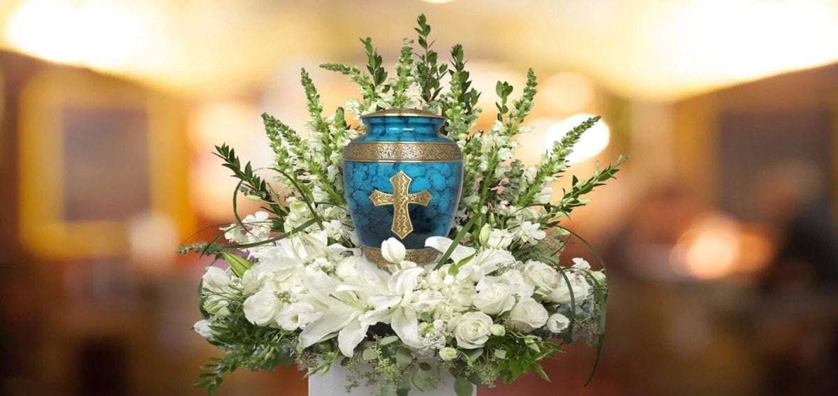 Commemorative Cremation Urns Love of Christ Mediterranean Blue Cremation Urn