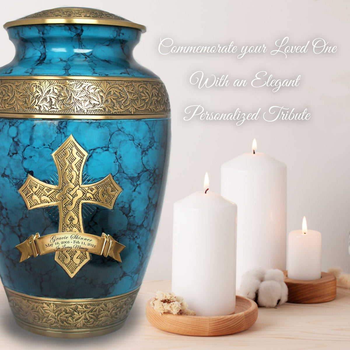 Commemorative Cremation Urns Love of Christ Mediterranean Blue Cross Cremation Urns