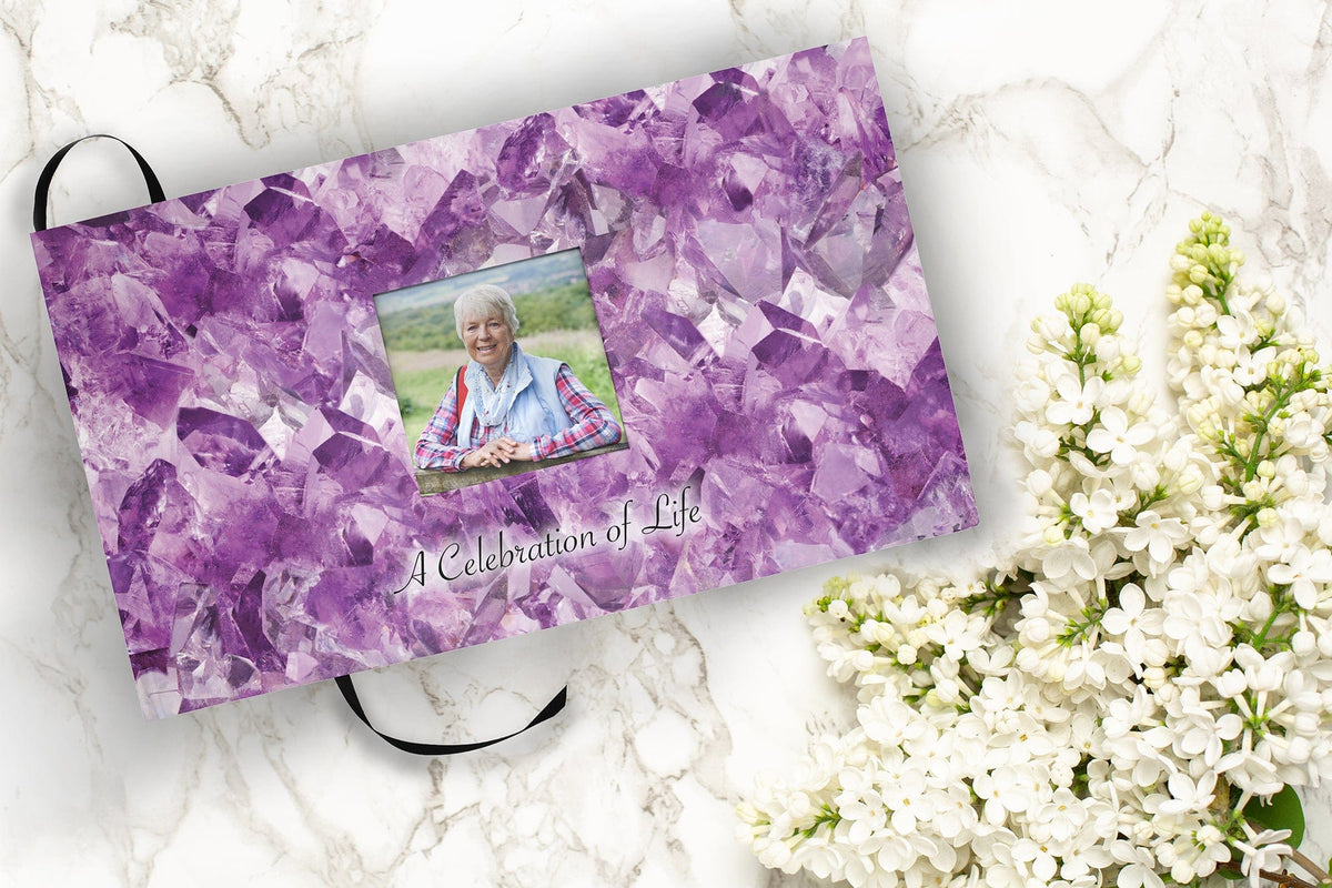 Commemorative Cremation Urns Matching Funeral Guestbook Purple Agate Crystal Memorial Chest with Genuine Amethyst and Rose Quartz Cremation Urn