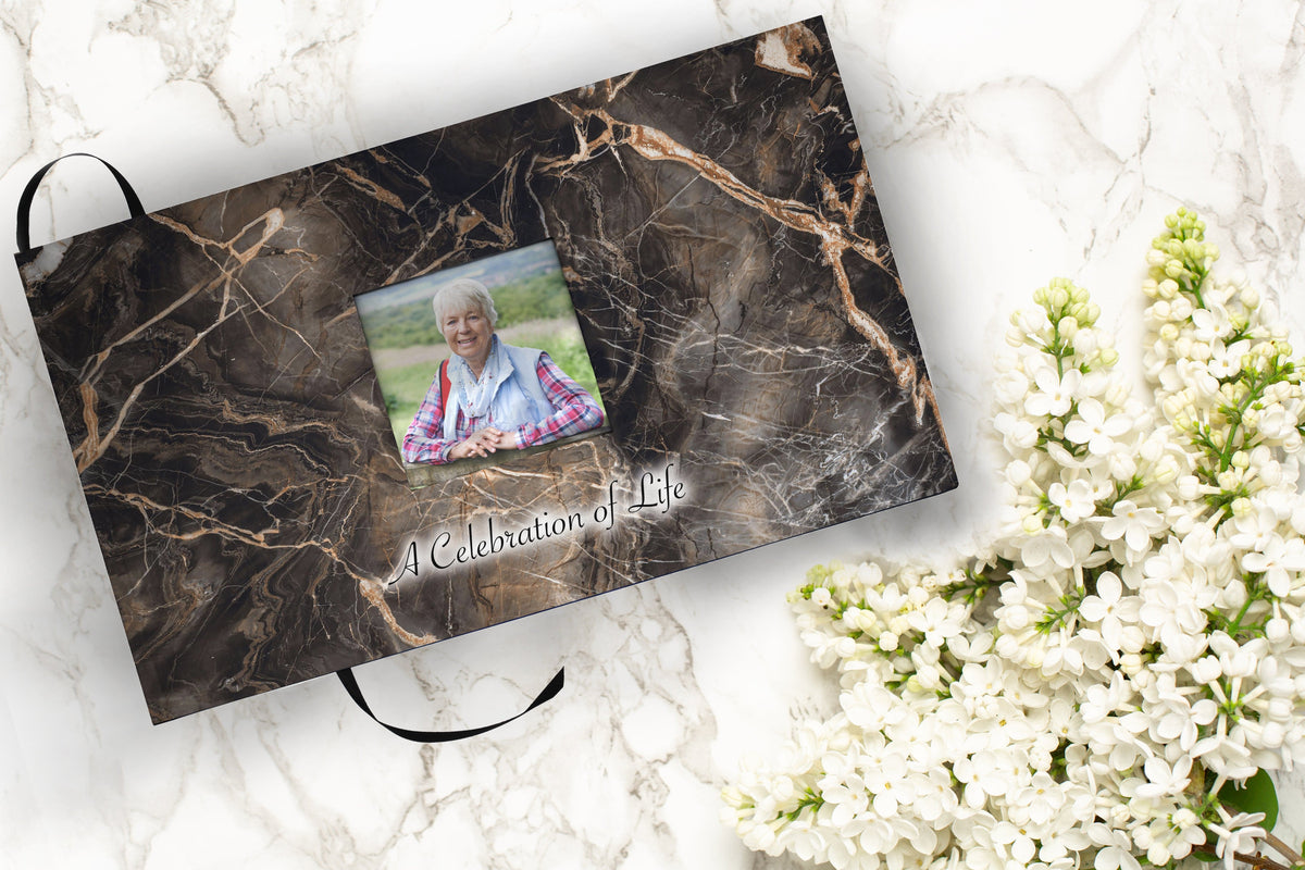 Commemorative Cremation Urns Mocha Marble Matching Themed &#39;Celebration of Life&#39; Guest Book for Funeral or Memorial Service
