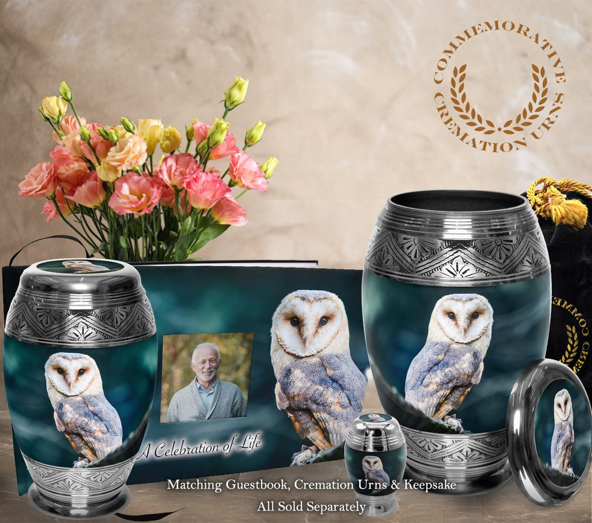 Commemorative Cremation Urns Owl Matching Themed &#39;Celebration of Life&#39; Guest Book for Funeral or Memorial Service