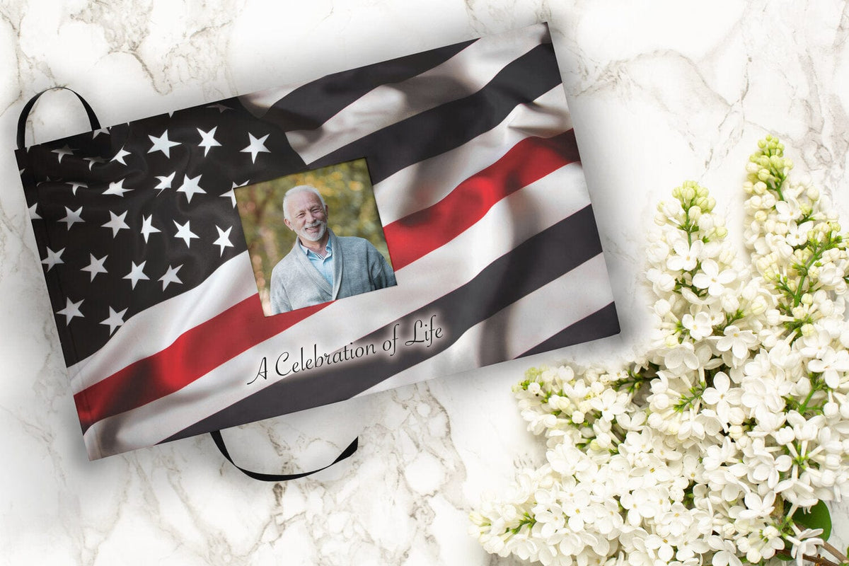 Commemorative Cremation Urns Red Line Flag Firefighter Matching Themed &#39;Celebration of Life&#39; Guest Book for Funeral or Memorial Service