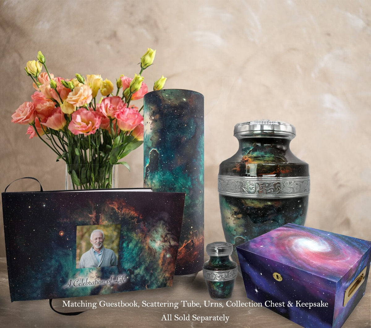Commemorative Cremation Urns Supernova Galaxy Matching Themed &#39;Celebration of Life&#39; Guest Book for Funeral or Memorial Service