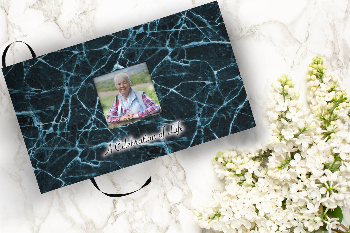 Commemorative Cremation Urns Teal Marble Matching Themed &#39;Celebration of Life&#39; Guest Book for Funeral or Memorial Service