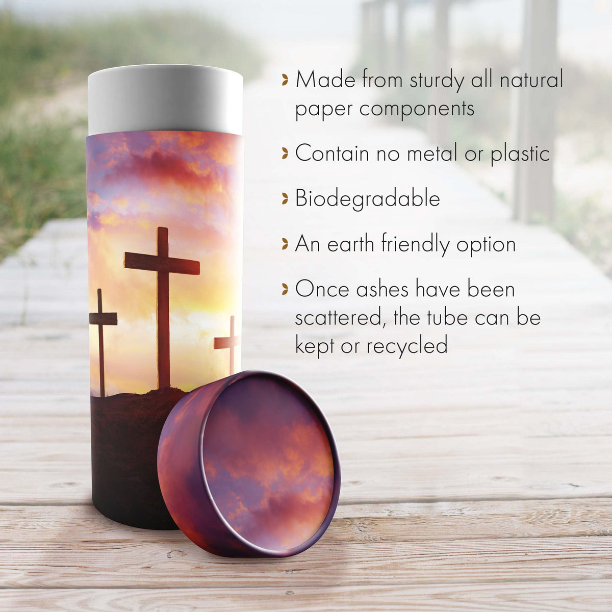 Commemorative Cremation Urns Three Crosses - Biodegradable &amp; Eco Friendly Burial or Scattering Urn / Tube
