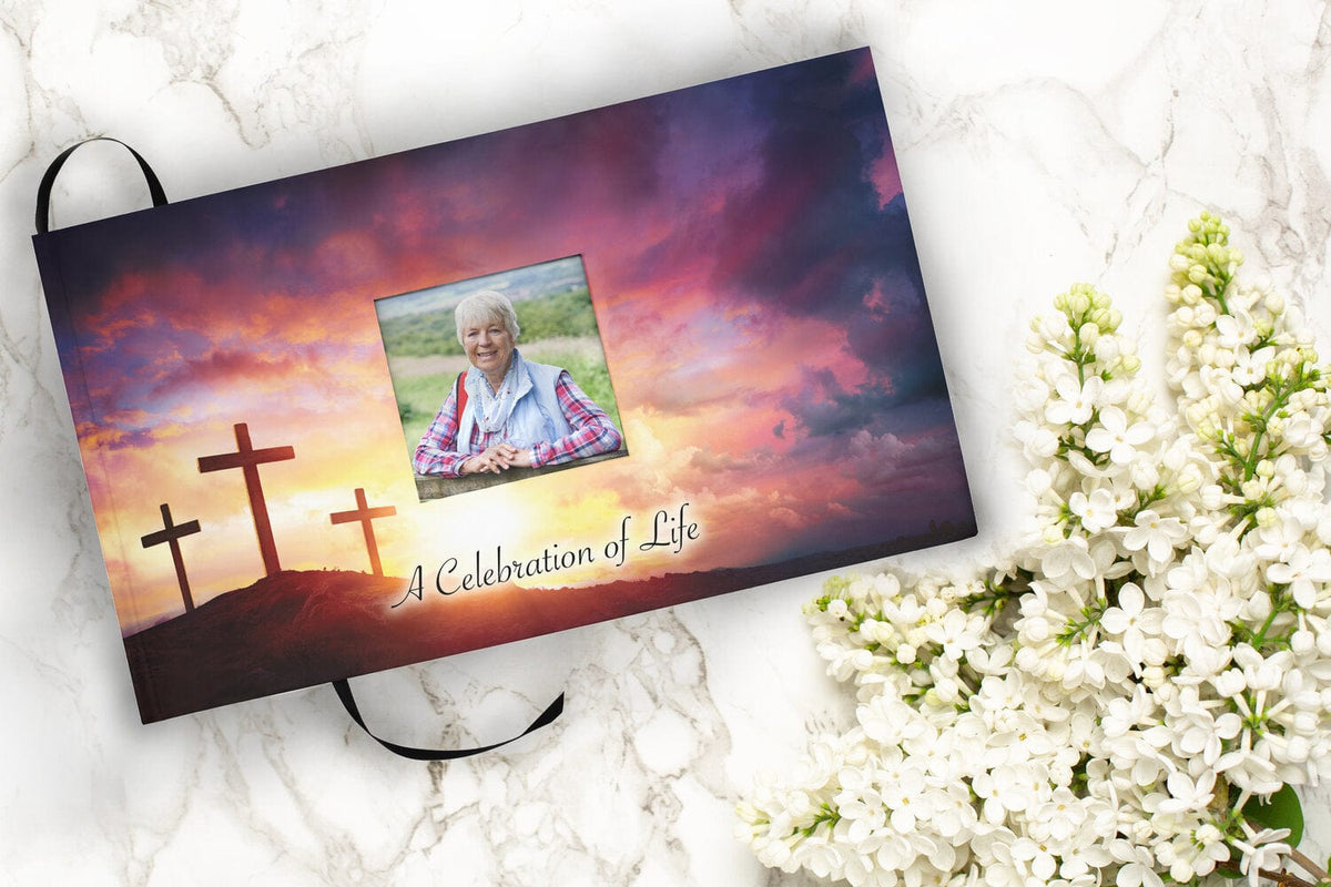 Commemorative Cremation Urns Three Crosses Matching Themed &#39;Celebration of Life&#39; Guest Book for Funeral or Memorial Service