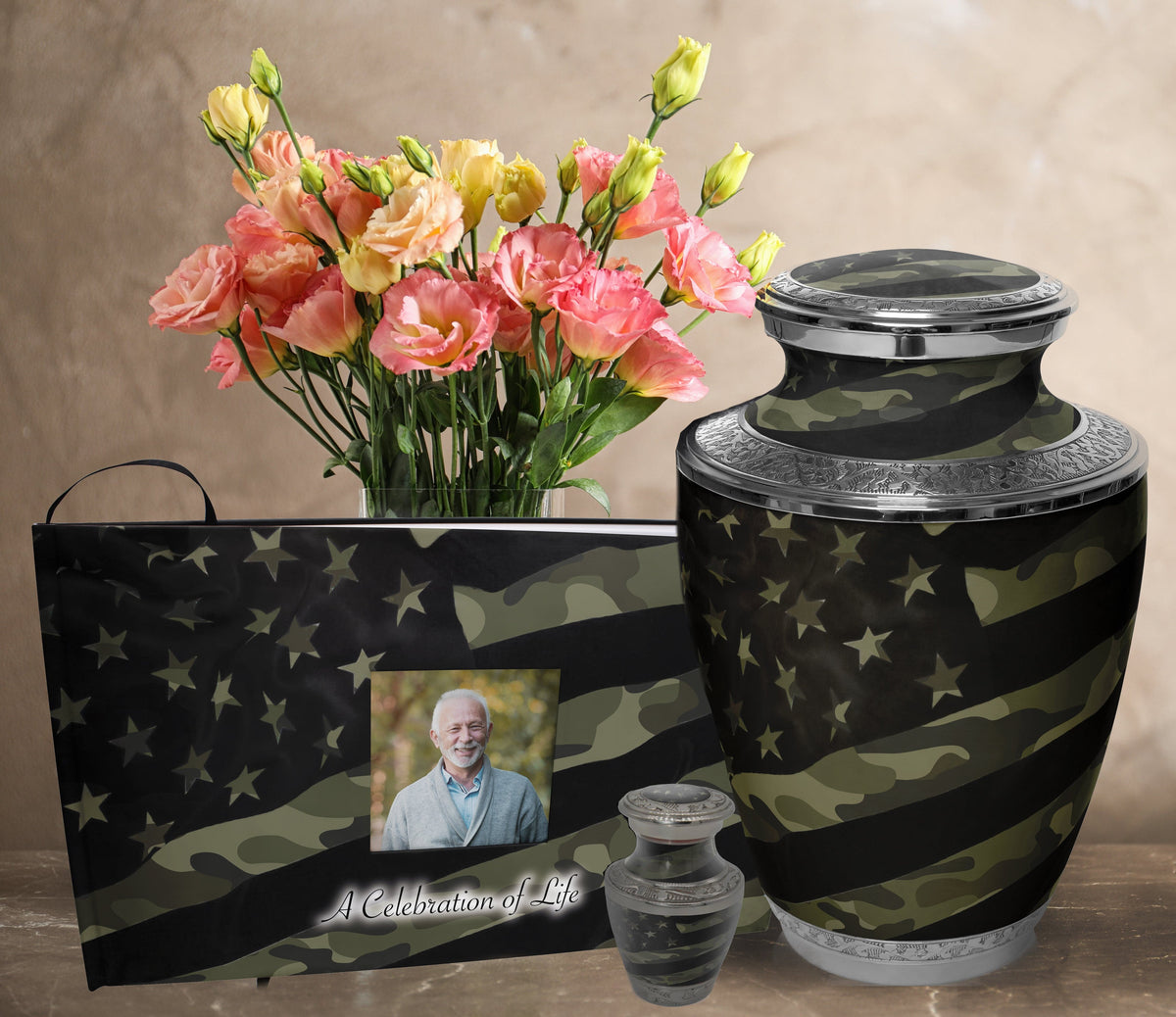 Commemorative Cremation Urns Traditional Camouflage Matching Themed &#39;Celebration of Life&#39; Guest Book for Funeral or Memorial Service