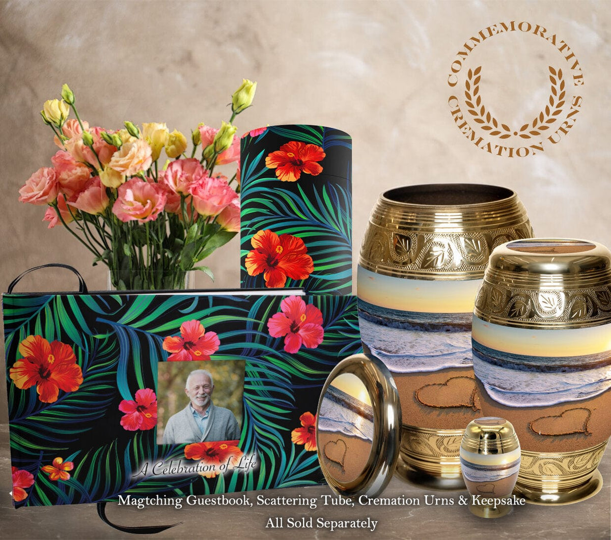 Commemorative Cremation Urns Tropical Matching Themed &#39;Celebration of Life&#39; Guest Book for Funeral or Memorial Service