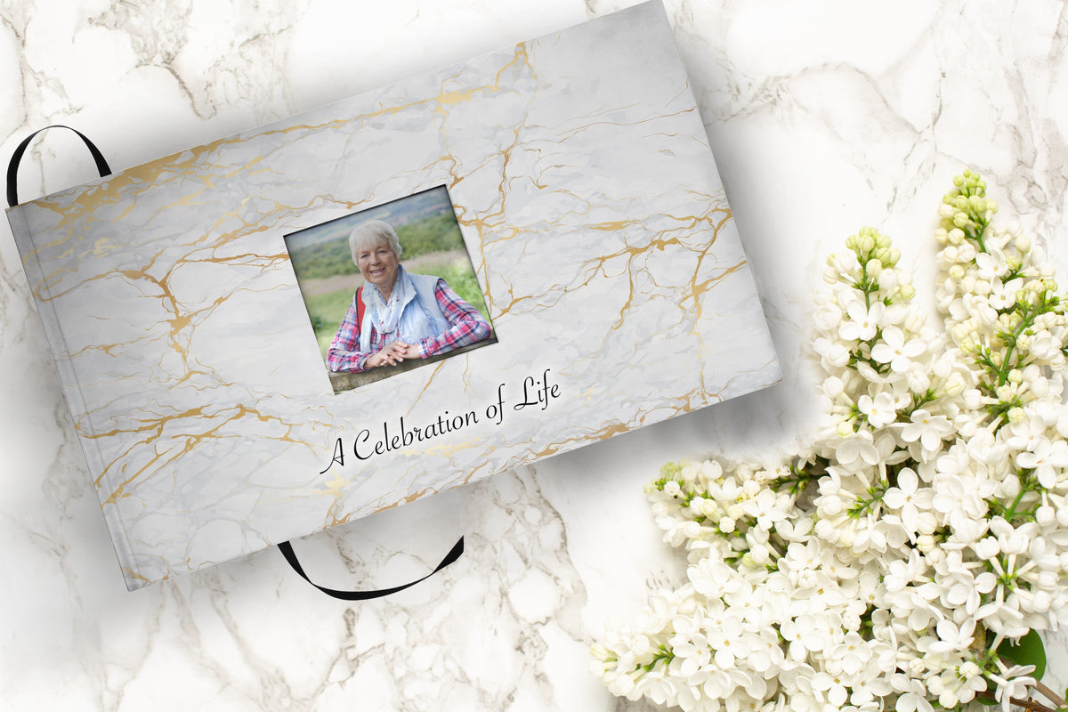 Commemorative Cremation Urns White Marble Matching Themed &#39;Celebration of Life&#39; Guest Book for Funeral or Memorial Service