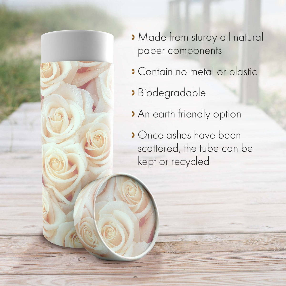 Commemorative Cremation Urns White Roses Biodegradable &amp; Eco Friendly Burial or Scattering Urn / Tube