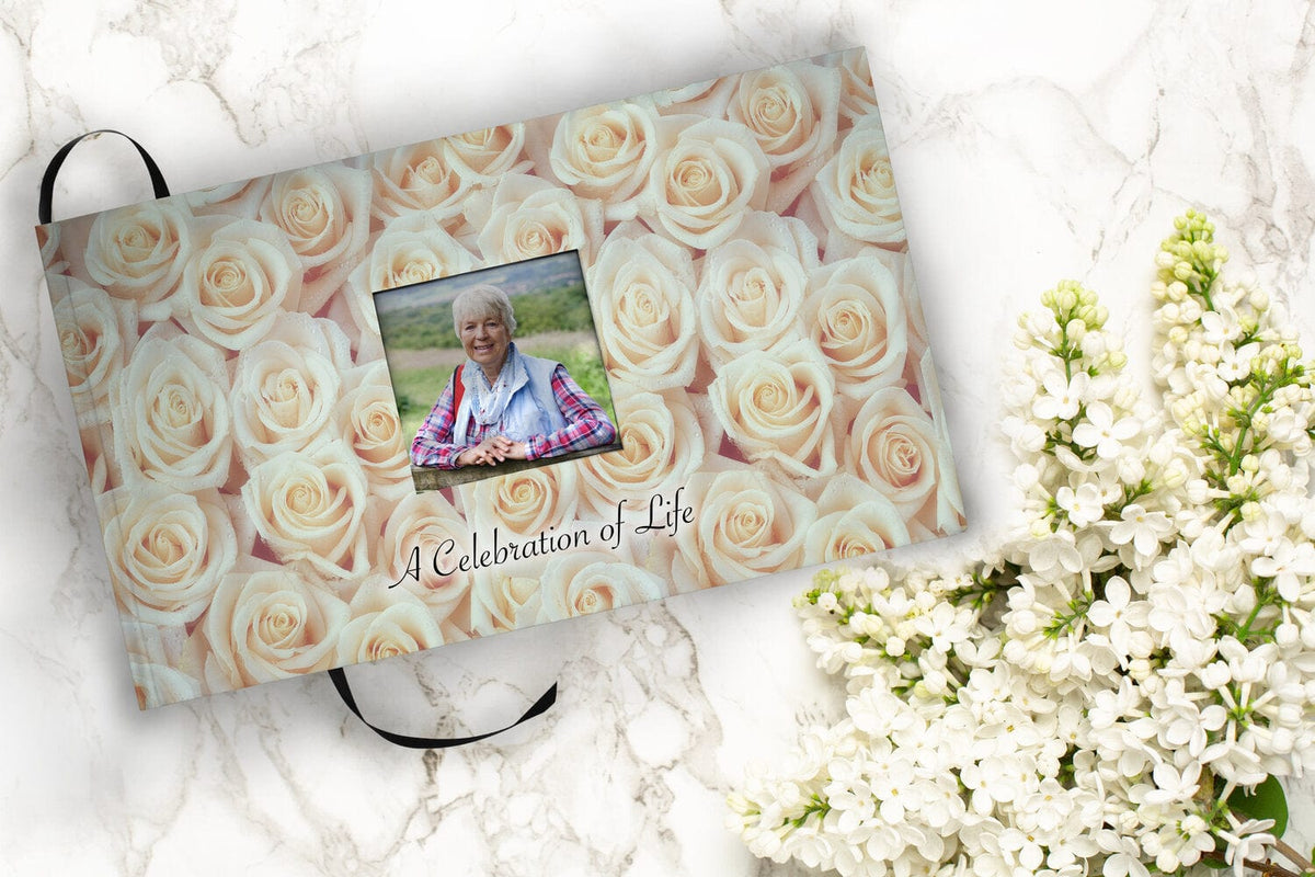 Commemorative Cremation Urns White Roses Matching Themed &#39;Celebration of Life&#39; Guest Book for Funeral or Memorial Service